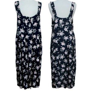 Sag Harbor Navy Floral Empire Maxi Sundress Sz M Pockets Dogwood 2 Button Bodice